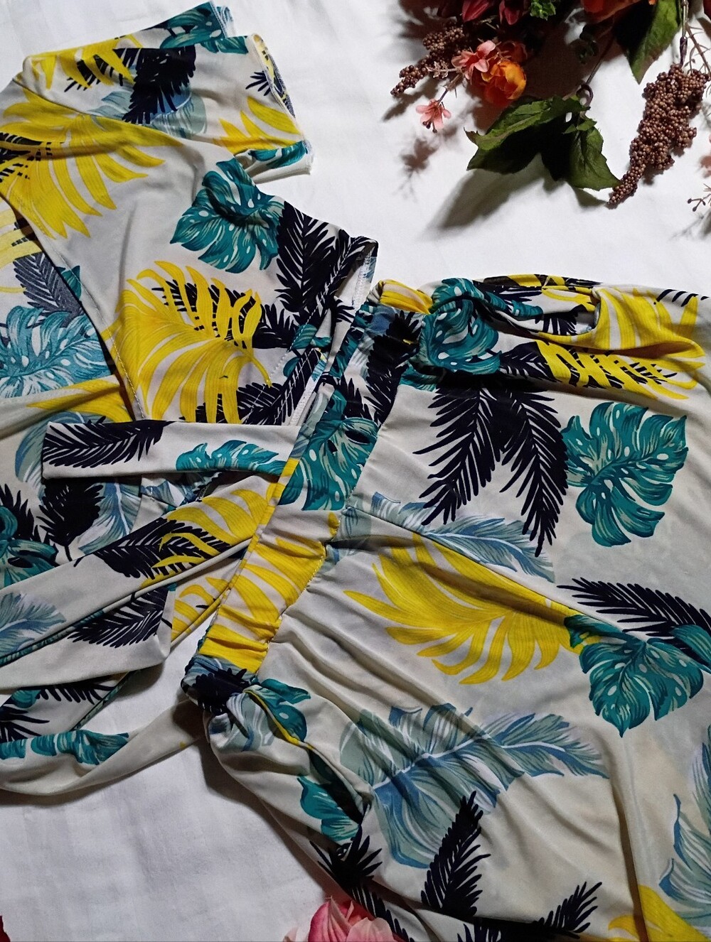 Tropical Leaf Print 2 Piece Wrap Top - Yellow, Teal & Black